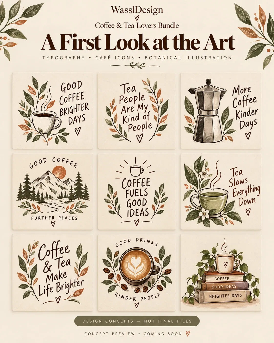 Concept artwork for the Coffee & Tea Lovers Bundle: nine typography, café and botanical design ideas