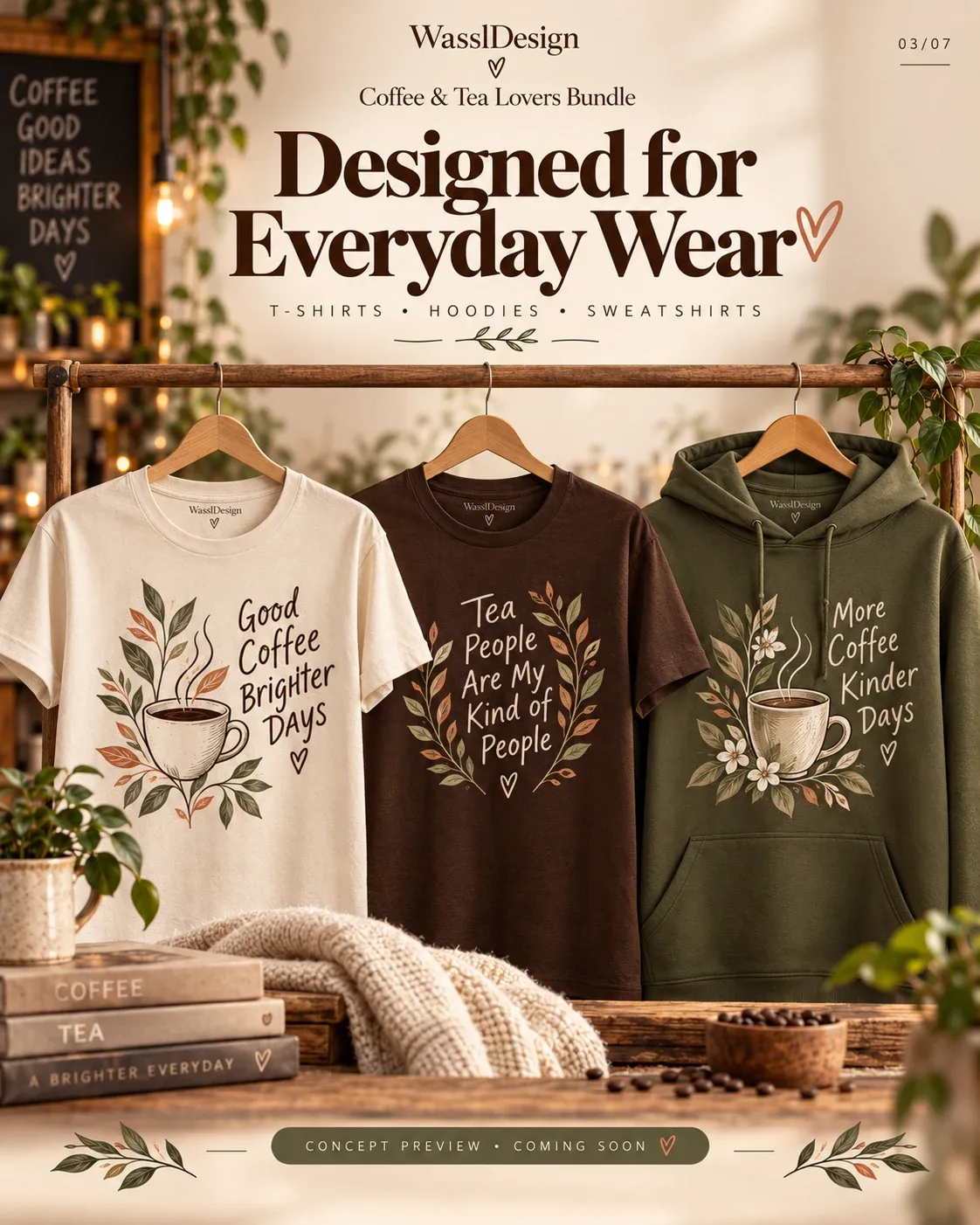 Concept preview: coffee and tea designs on a cream T-shirt, a brown T-shirt and an olive hoodie