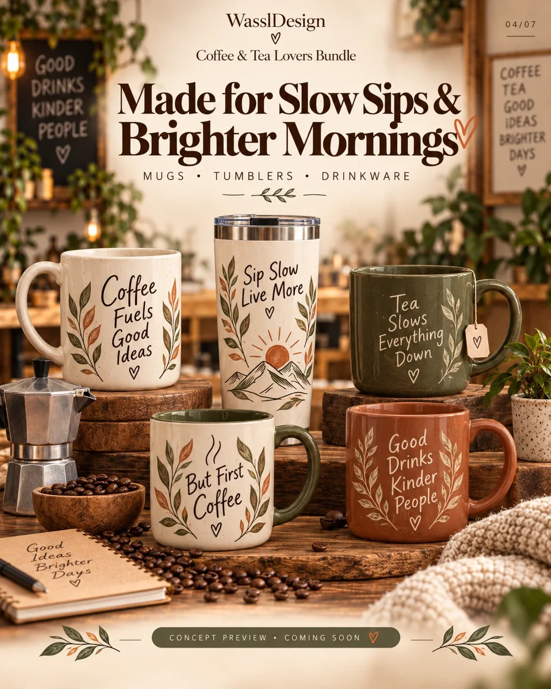Concept preview: coffee and tea designs on mugs and a tumbler