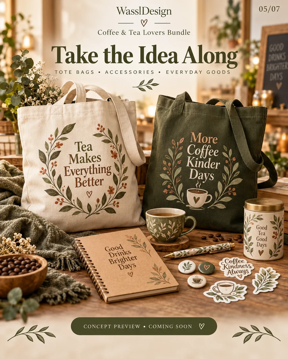 Concept preview: coffee and tea designs on tote bags, a notebook, a tea tin and stickers