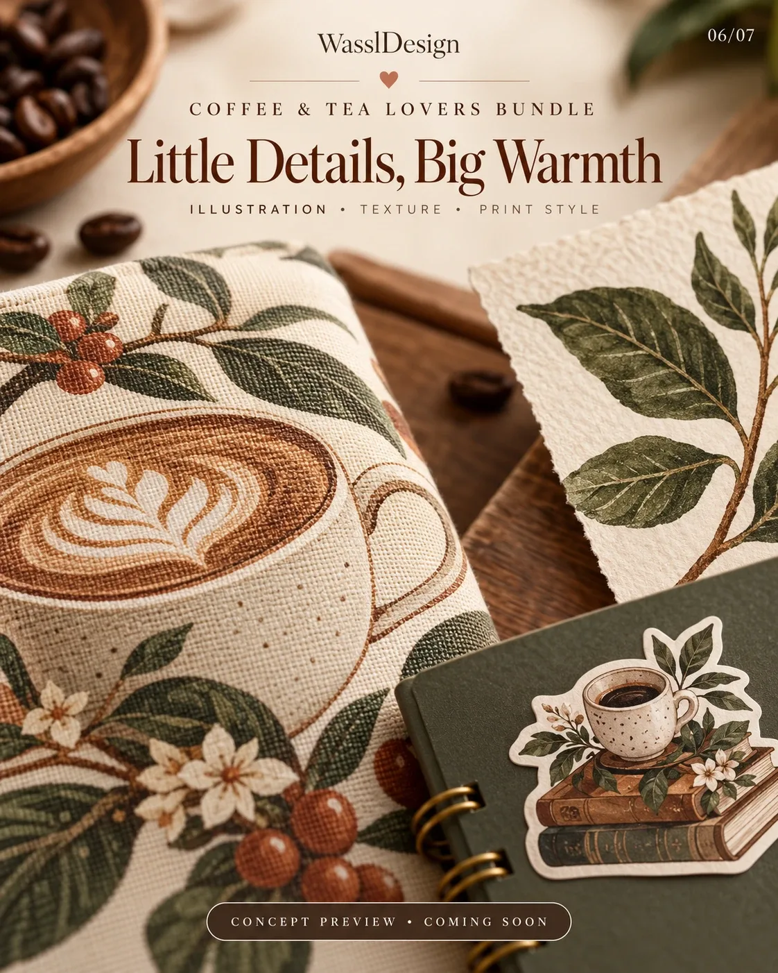 Concept preview: close-up of illustrated coffee-cup and coffee-branch artwork on fabric and paper