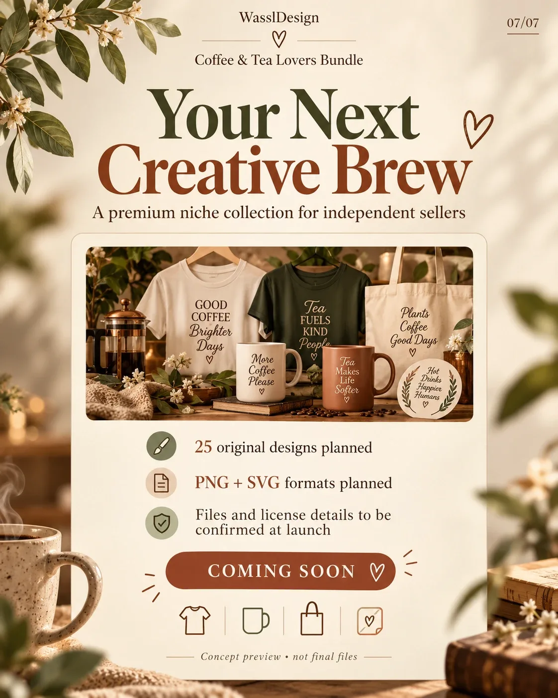 Concept preview: the collection on T-shirts, mugs, a tote bag and a sticker, with the planned contents